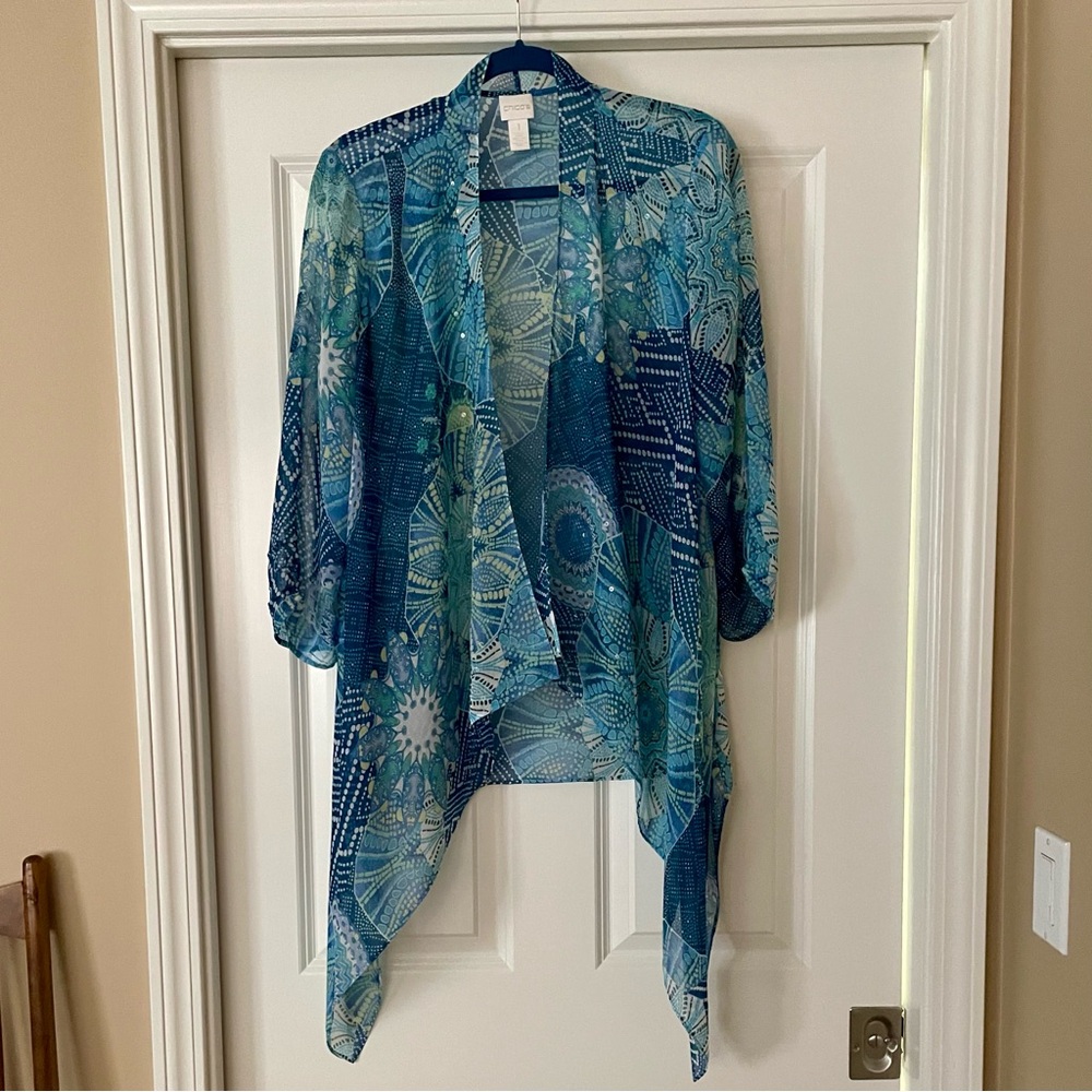 Chico’s open waterfall front cardigan, beautiful sheer glittery blue fabric